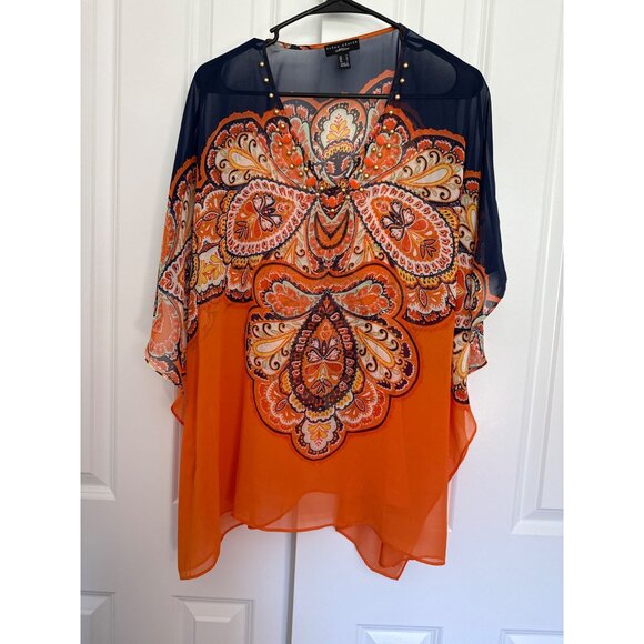 Susan Graver MEDIUM  Orange Paisley Kimono Blouse - Picture 2 of 6